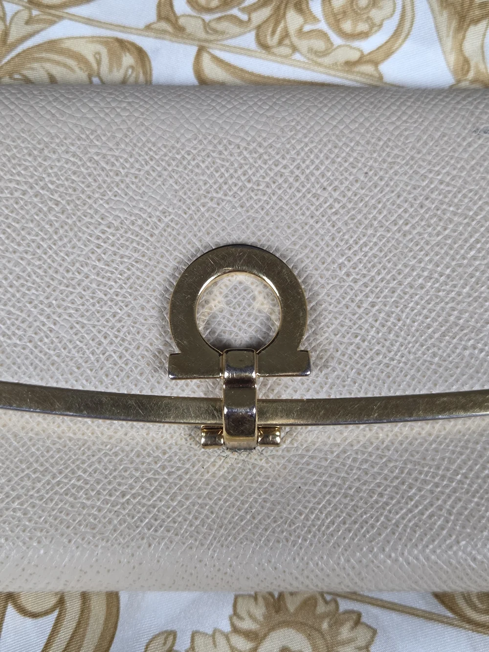 Salvatore Ferragamo Beige Leather Chain Clutch with Gold Hardware
